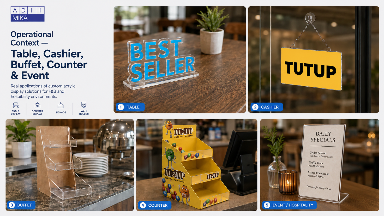 Operational context display dan signage untuk table cashier buffet counter dan hospitality