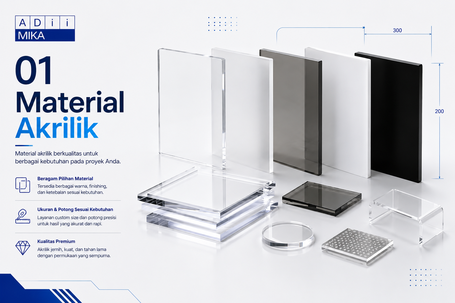 Material akrilik Adiimika dengan pilihan clear colored custom size dan cutting
