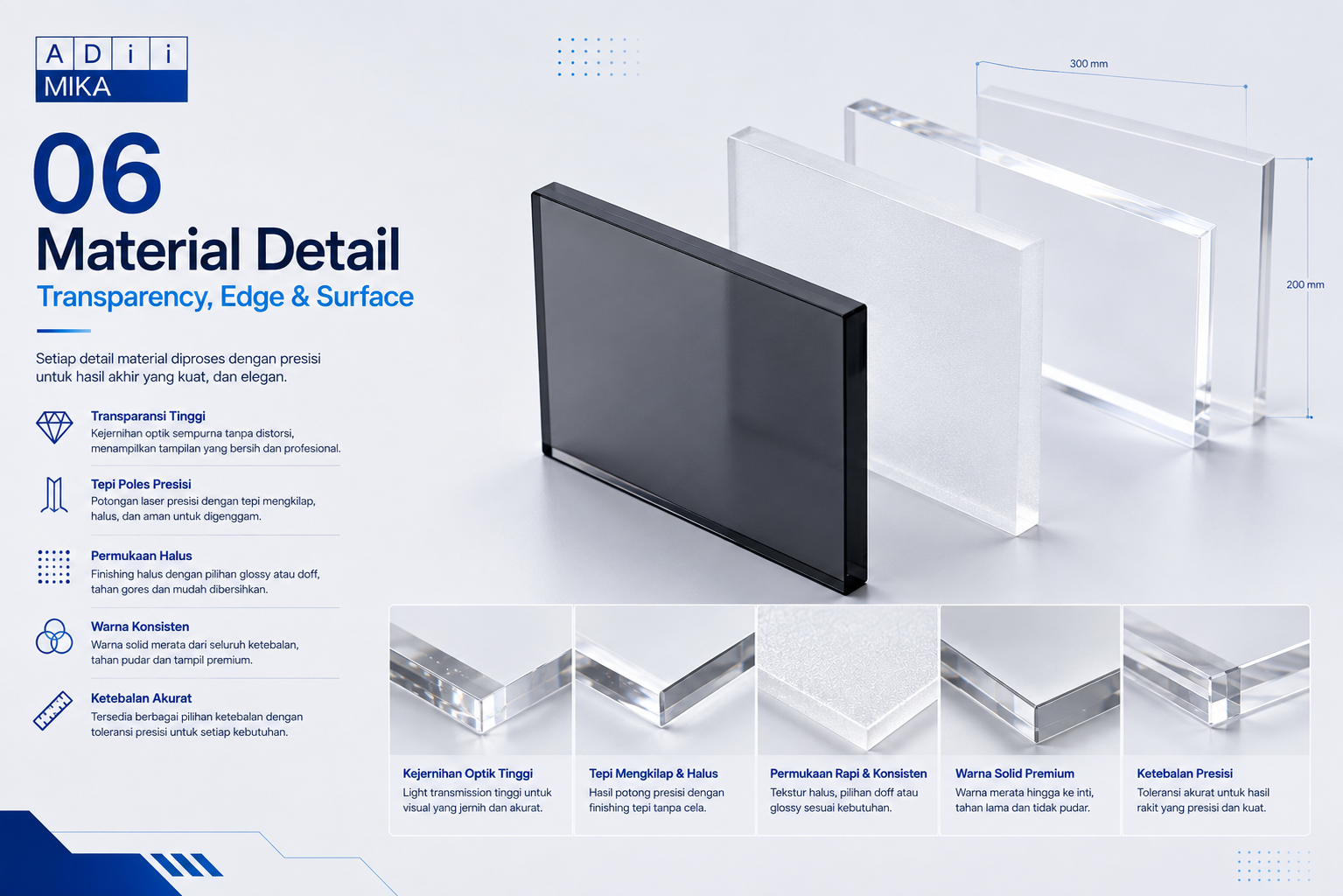 Detail material akrilik pada transparency edge dan surface