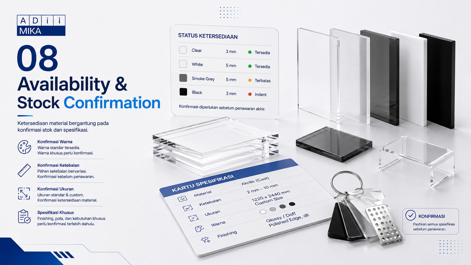 Konfirmasi availability dan stock material akrilik sebelum quotation