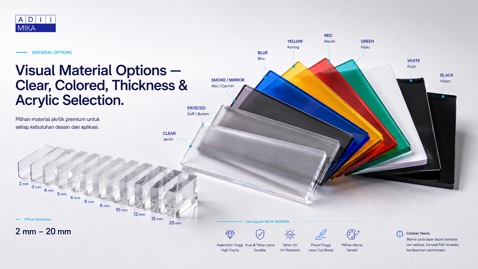 Pilihan material akrilik clear colored dan berbagai ketebalan