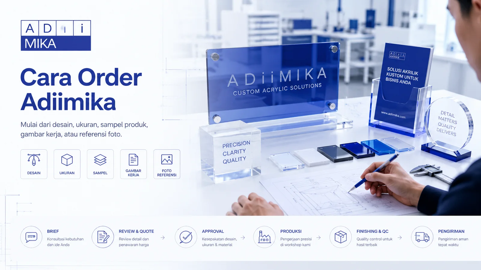 Cara order akrilik custom Adiimika dari desain ukuran referensi hingga produksi dan pengiriman