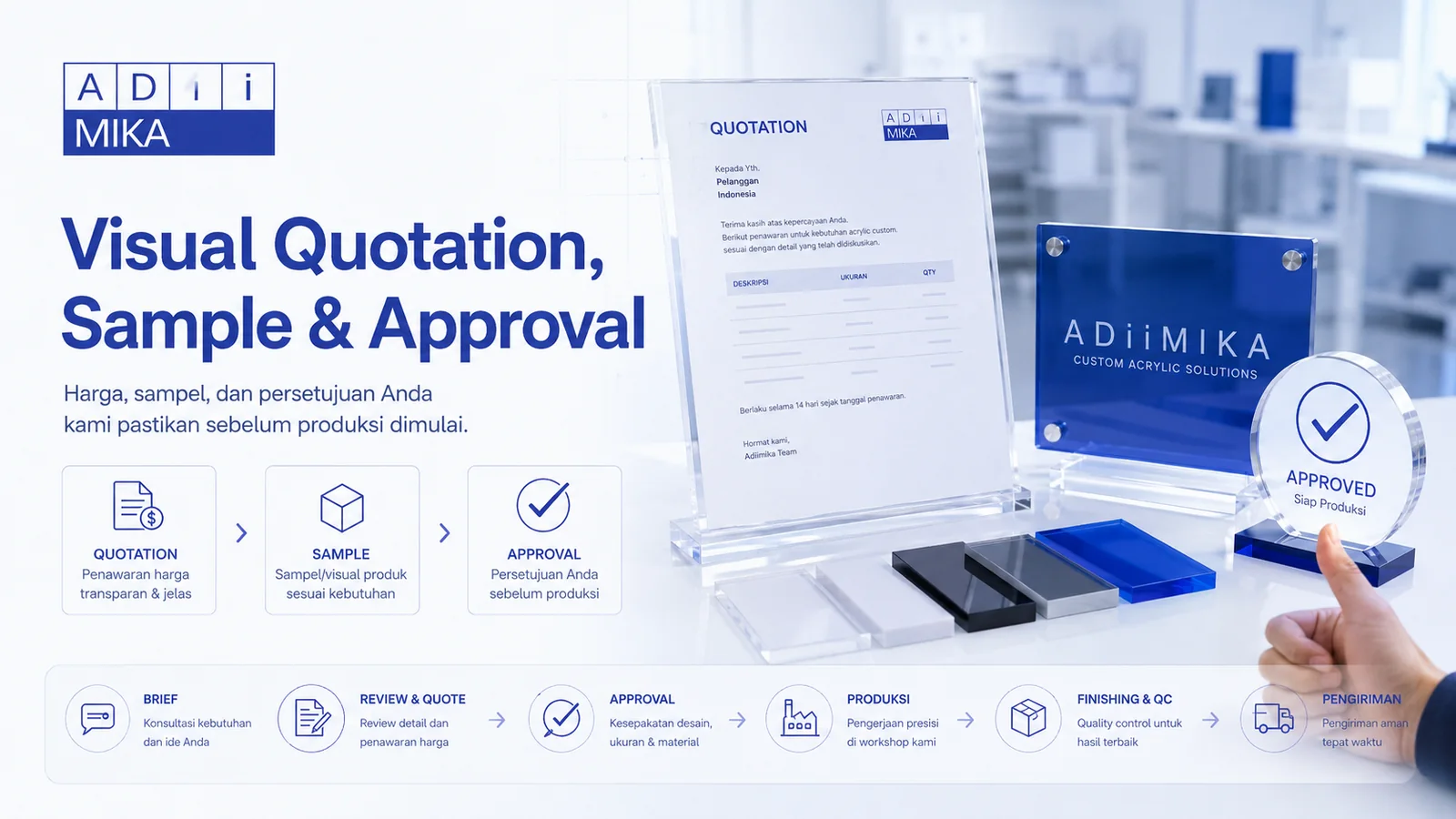 Quotation sample dan approval sebelum produksi akrilik Adiimika