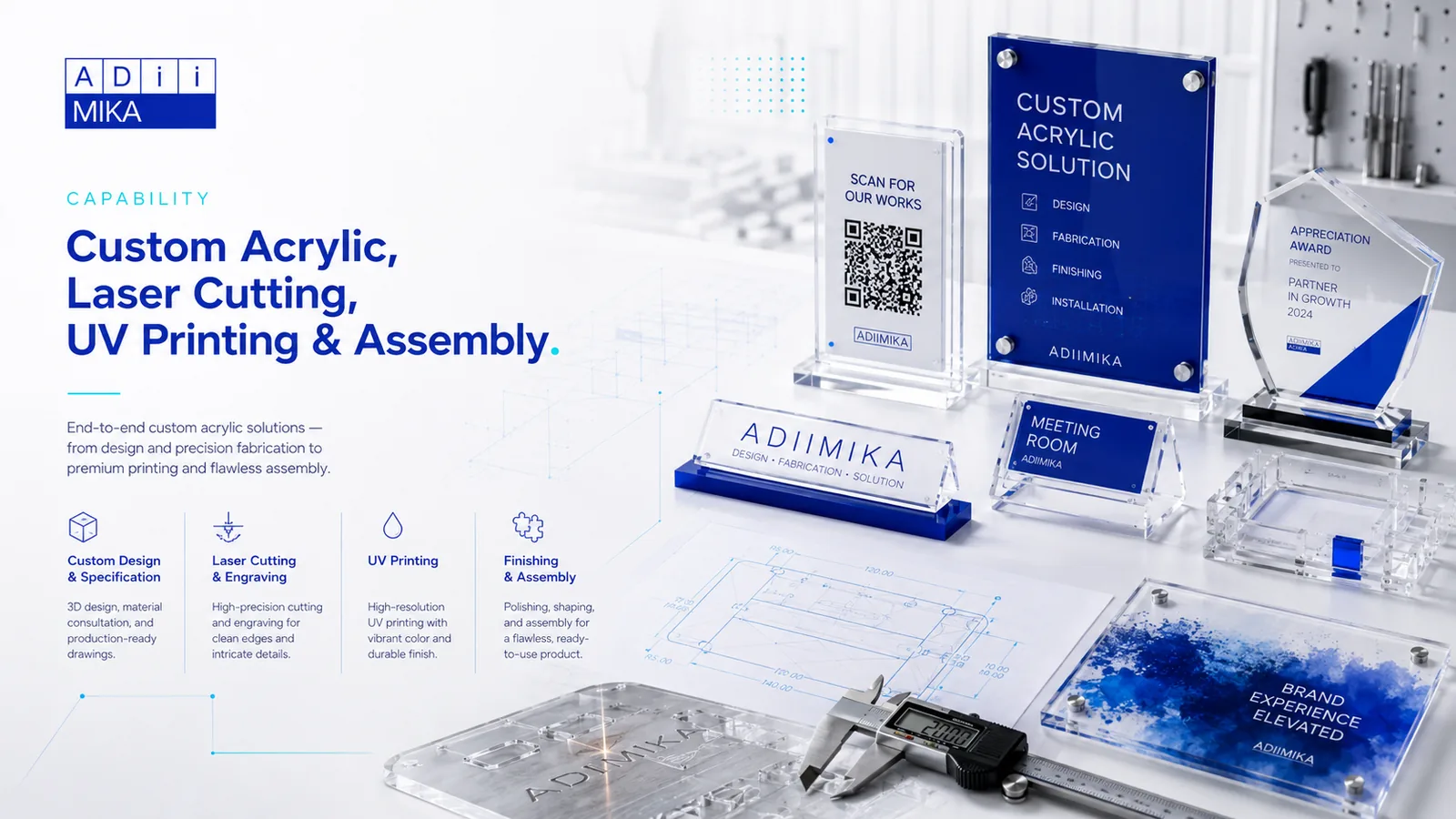 Kemampuan produksi Adiimika meliputi custom acrylic, laser cutting, UV printing, finishing dan assembly
