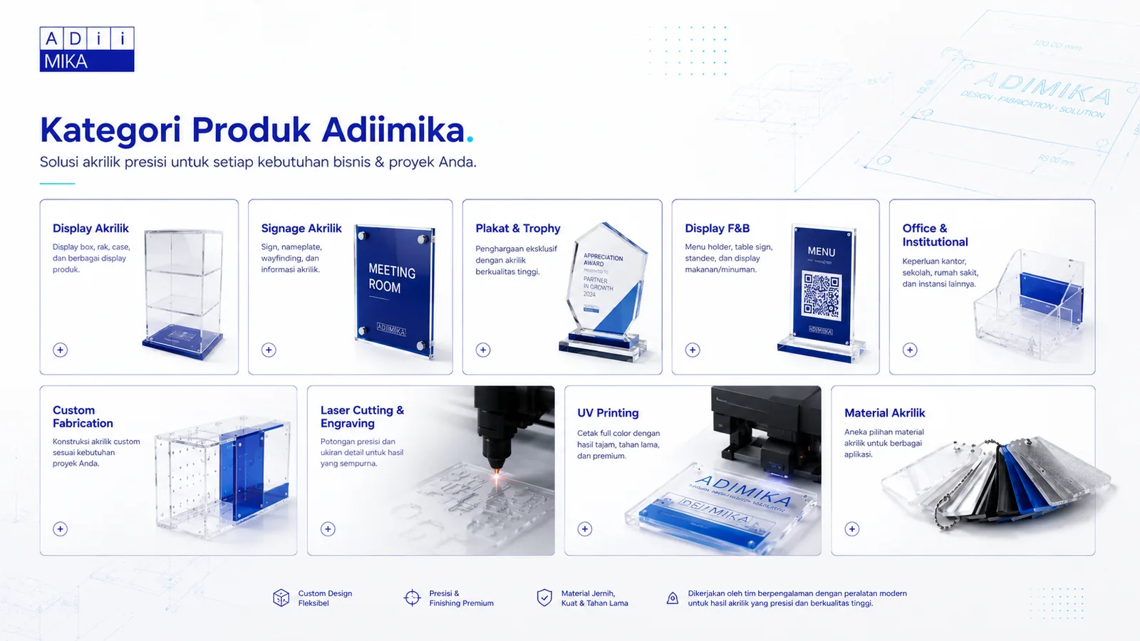 Kategori produk Adiimika meliputi display, signage, plakat, F&B, office, fabrication, cutting, printing dan material akrilik