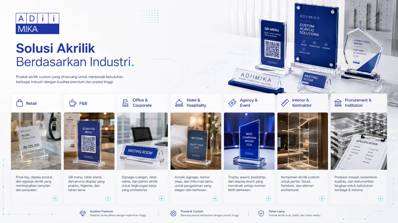 Solusi akrilik Adiimika untuk retail, F&B, office, hospitality, agency, interior dan procurement