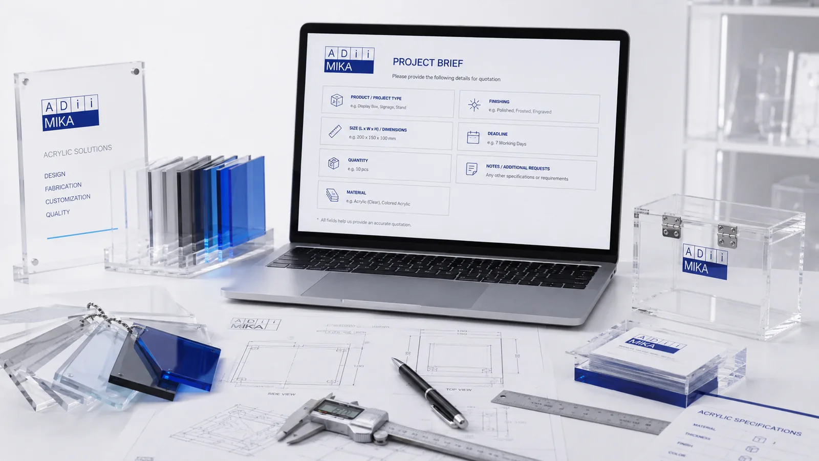 Contoh data project brief untuk quotation produksi akrilik Adiimika