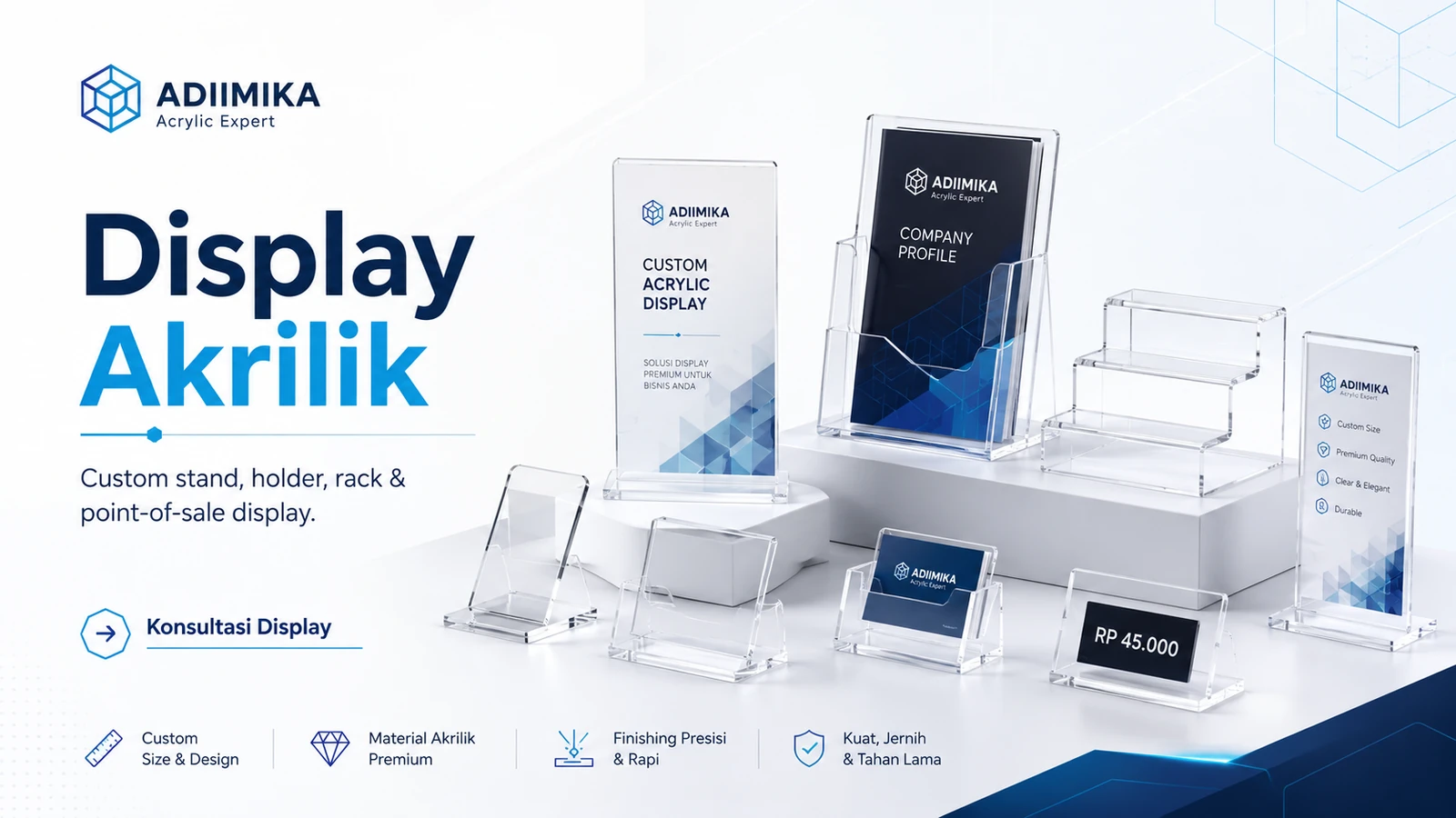 Hero display akrilik custom Adiimika untuk product stand, holder, rack dan point of sale display
