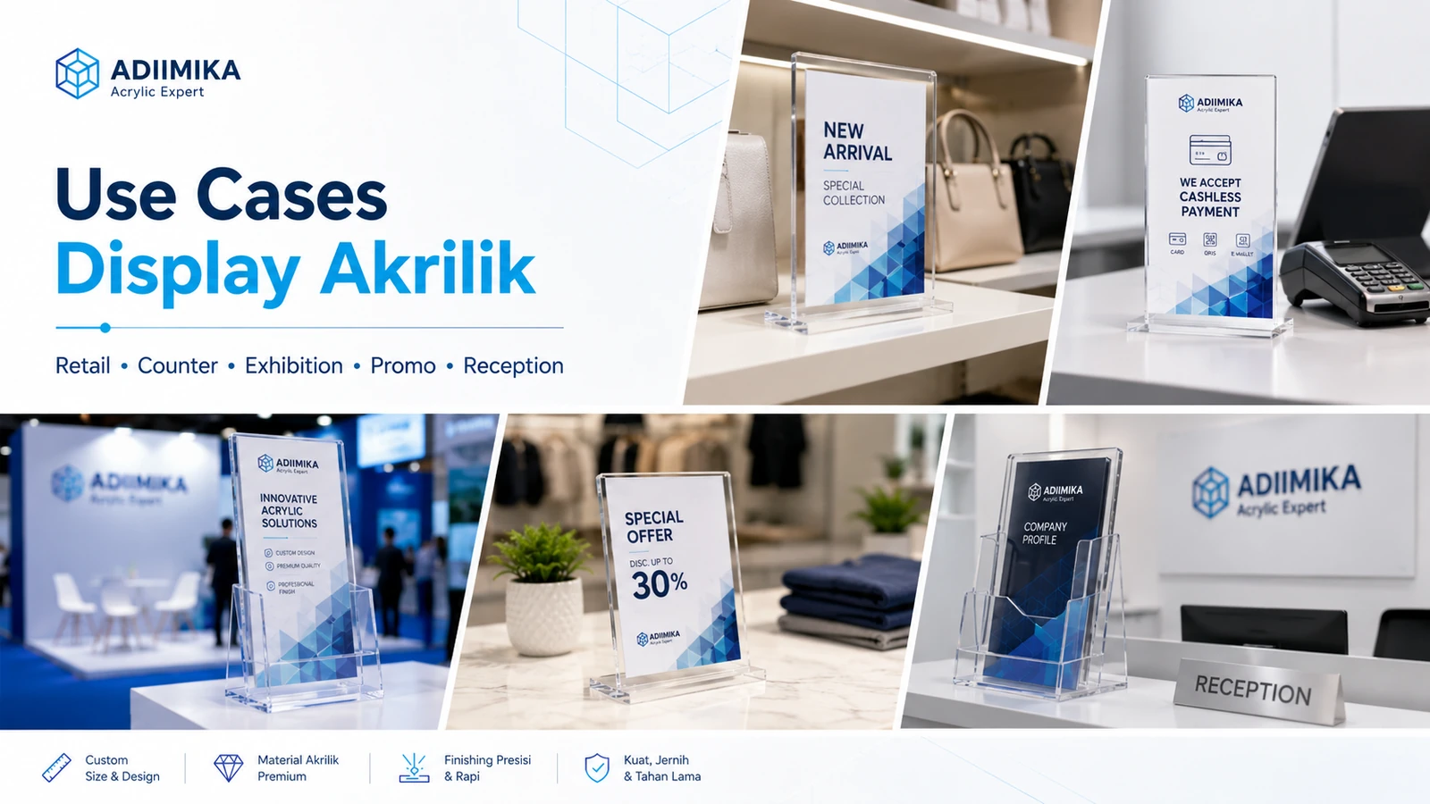 Use cases display akrilik untuk retail, exhibition, office counter dan promotional display