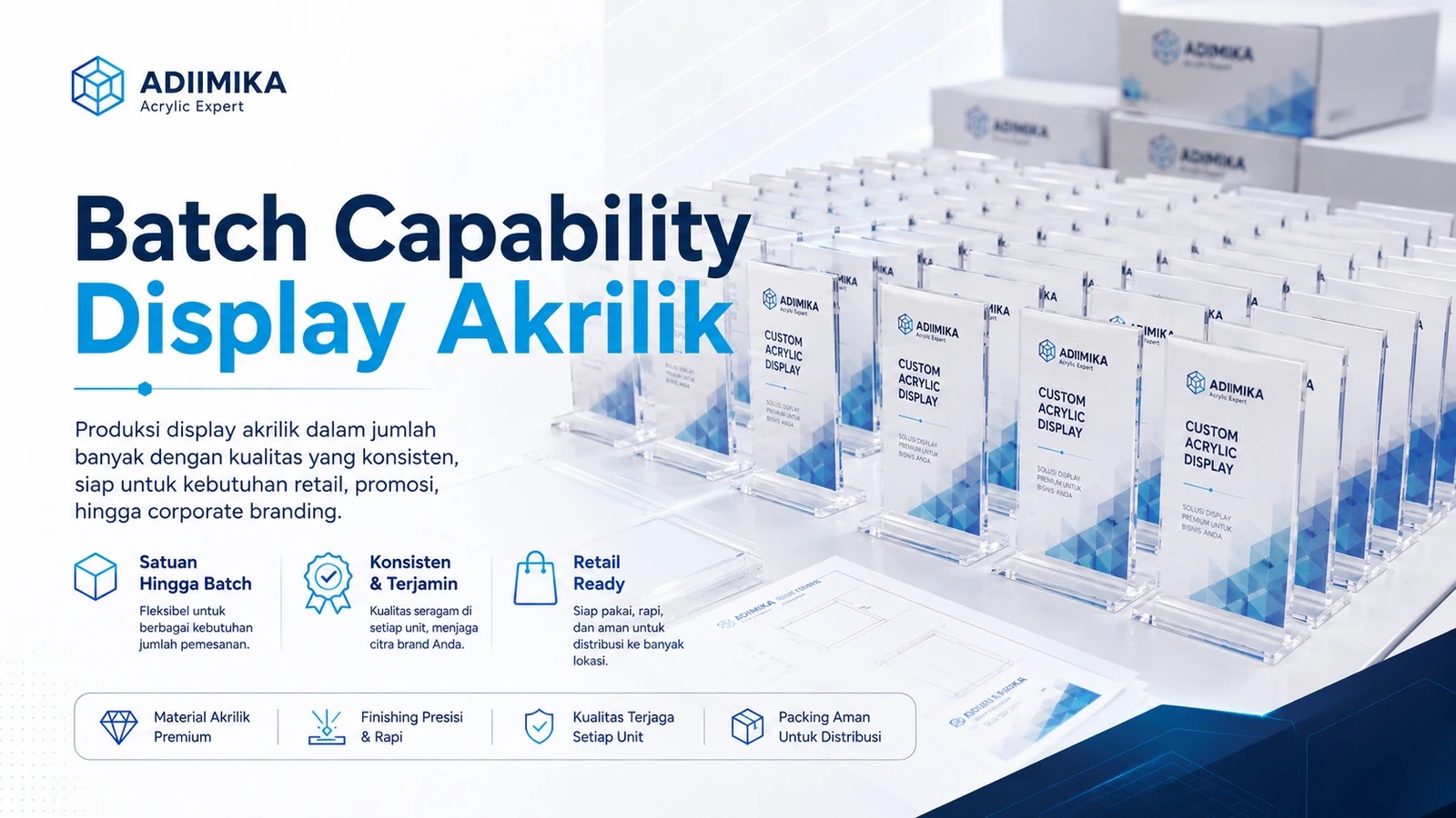 Batch capability display akrilik Adiimika dengan konsistensi ukuran, branding dan finishing