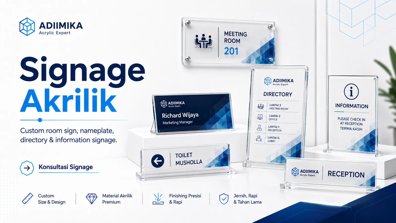 Signage akrilik custom Adiimika untuk nameplate, room sign, company signage dan information sign
