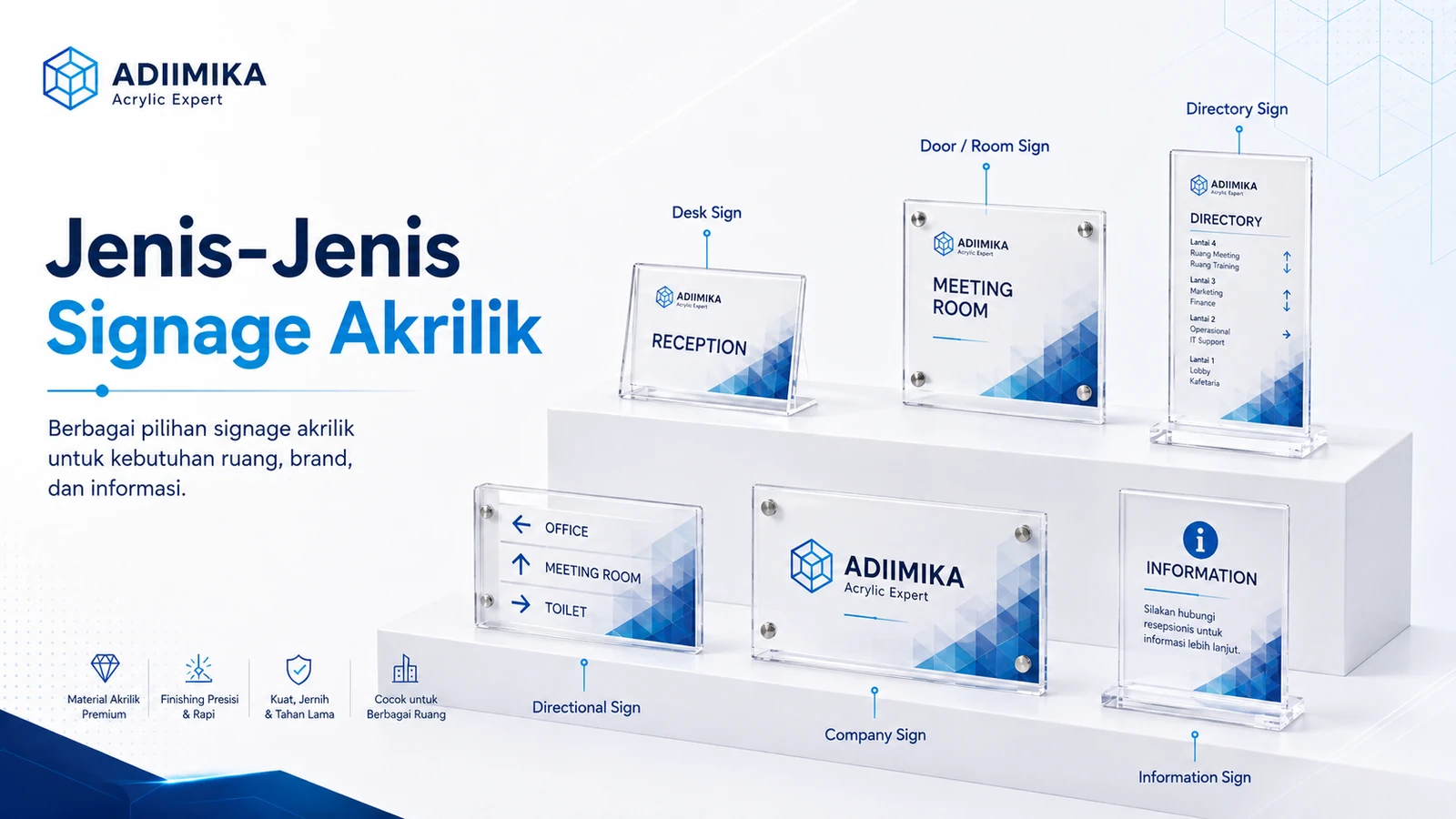 Jenis signage akrilik meliputi desk sign, door sign, room sign, directory, directional dan company sign