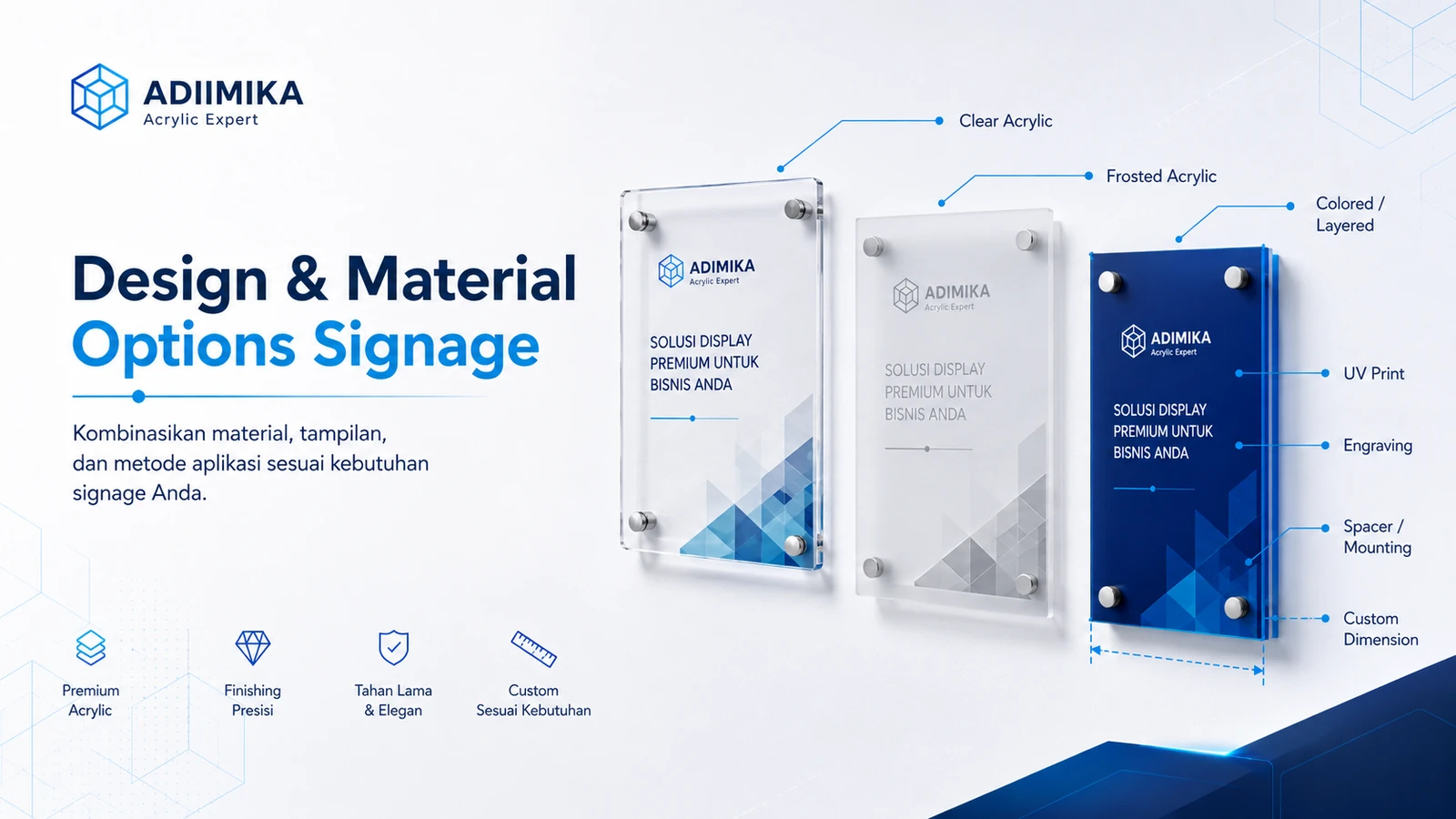 Design dan material signage akrilik meliputi clear acrylic, colored acrylic, layered build, printing, engraving dan mounting