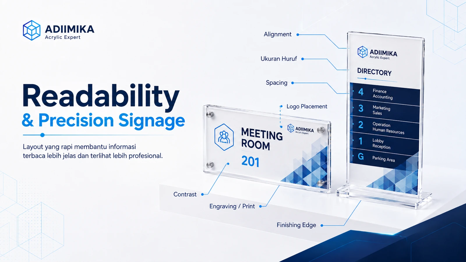 Readability dan precision signage akrilik pada ukuran, alignment, layout dan finishing