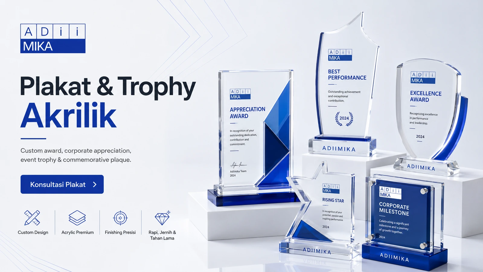 Plakat dan trophy akrilik custom Adiimika untuk corporate award, event dan appreciation