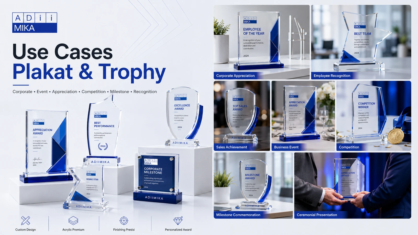 Use cases plakat dan trophy akrilik untuk awarding, appreciation, competition, corporate milestone dan event