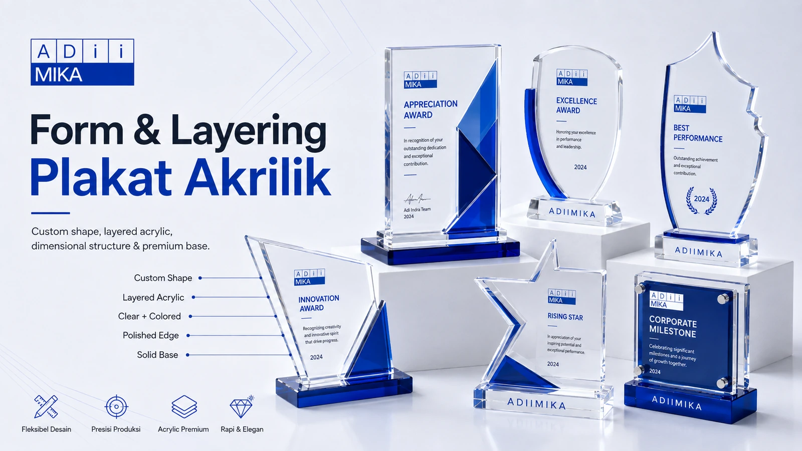 Form dan layering plakat akrilik custom dengan custom shape, acrylic layer, base, engraving dan UV printing