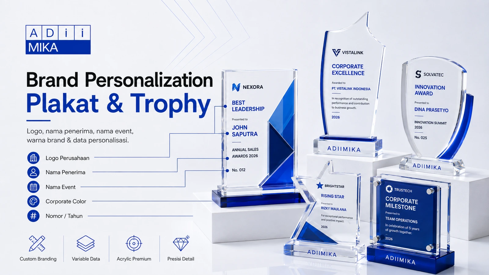 Brand personalization plakat dan trophy akrilik dengan logo, nama penerima, event identity dan corporate colors
