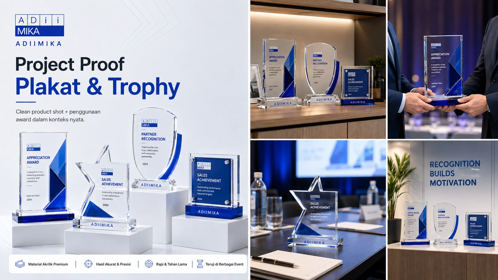 Project proof plakat dan trophy akrilik Adiimika dalam konteks award dan event presentation
