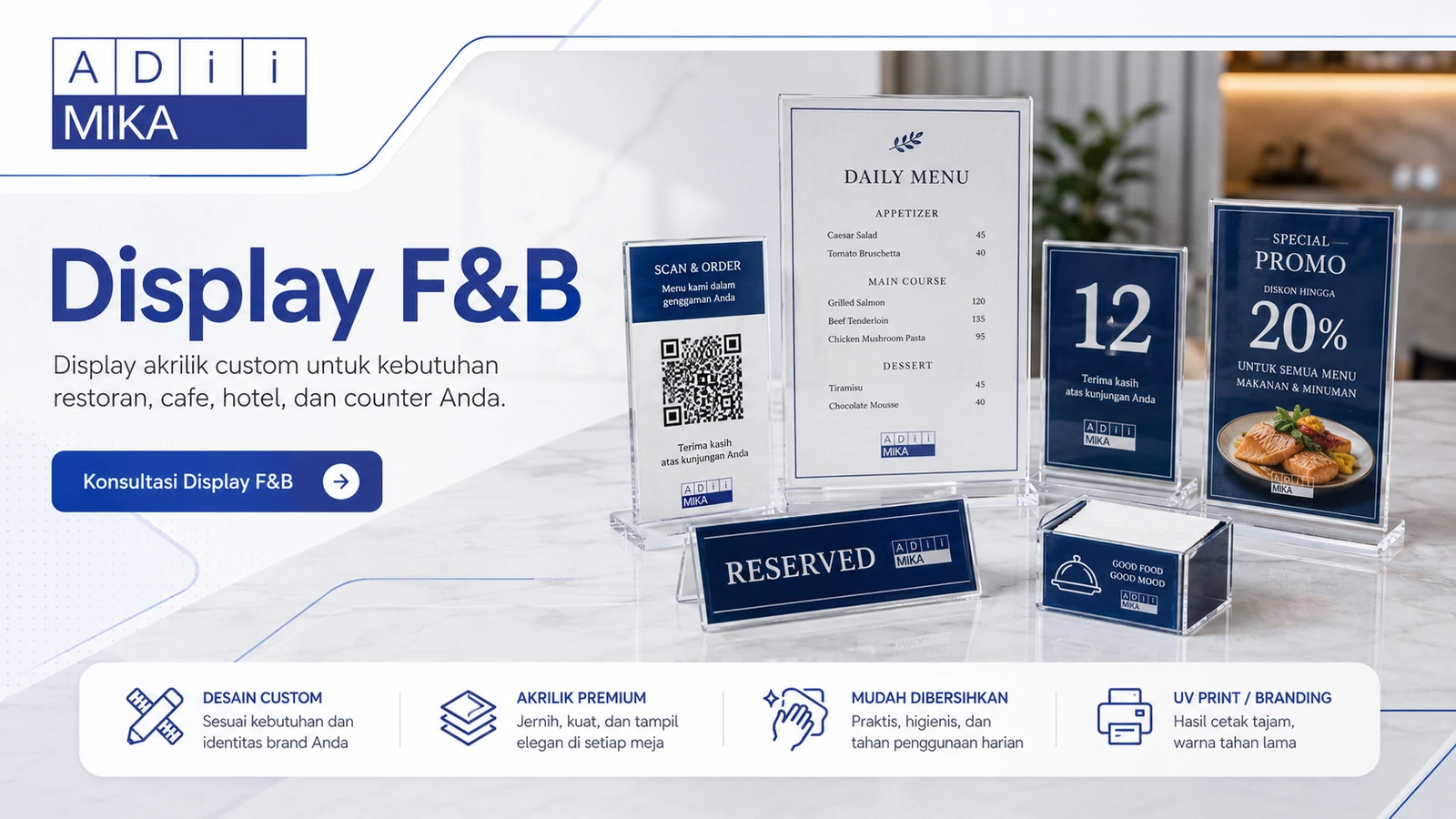 Display F&B akrilik custom Adiimika untuk QR stand, menu stand, table number dan counter display