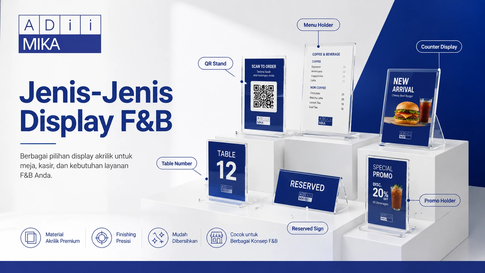 Jenis display F&B akrilik meliputi QR stand, menu holder, table number, reserved sign dan promo holder