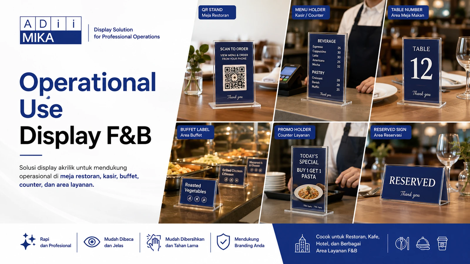 Operational use display F&B akrilik pada meja, kasir, buffet, counter dan area layanan