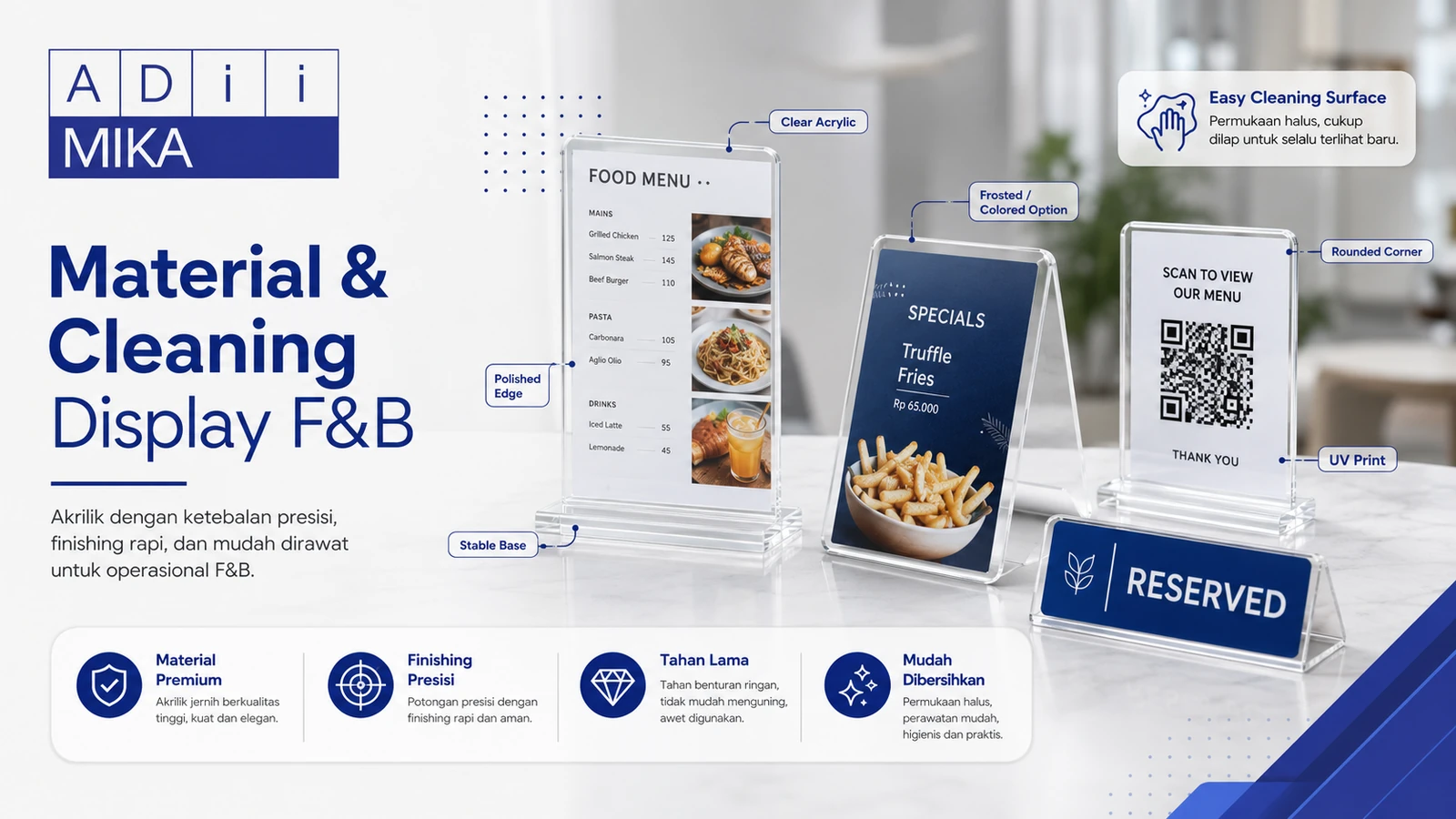 Material dan finishing display F&B akrilik yang mempertimbangkan tampilan serta kemudahan perawatan
