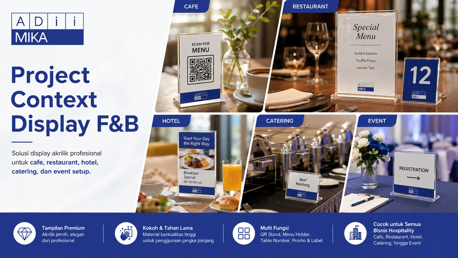 Project context display F&B akrilik untuk cafe, restaurant, hotel, catering dan event setup