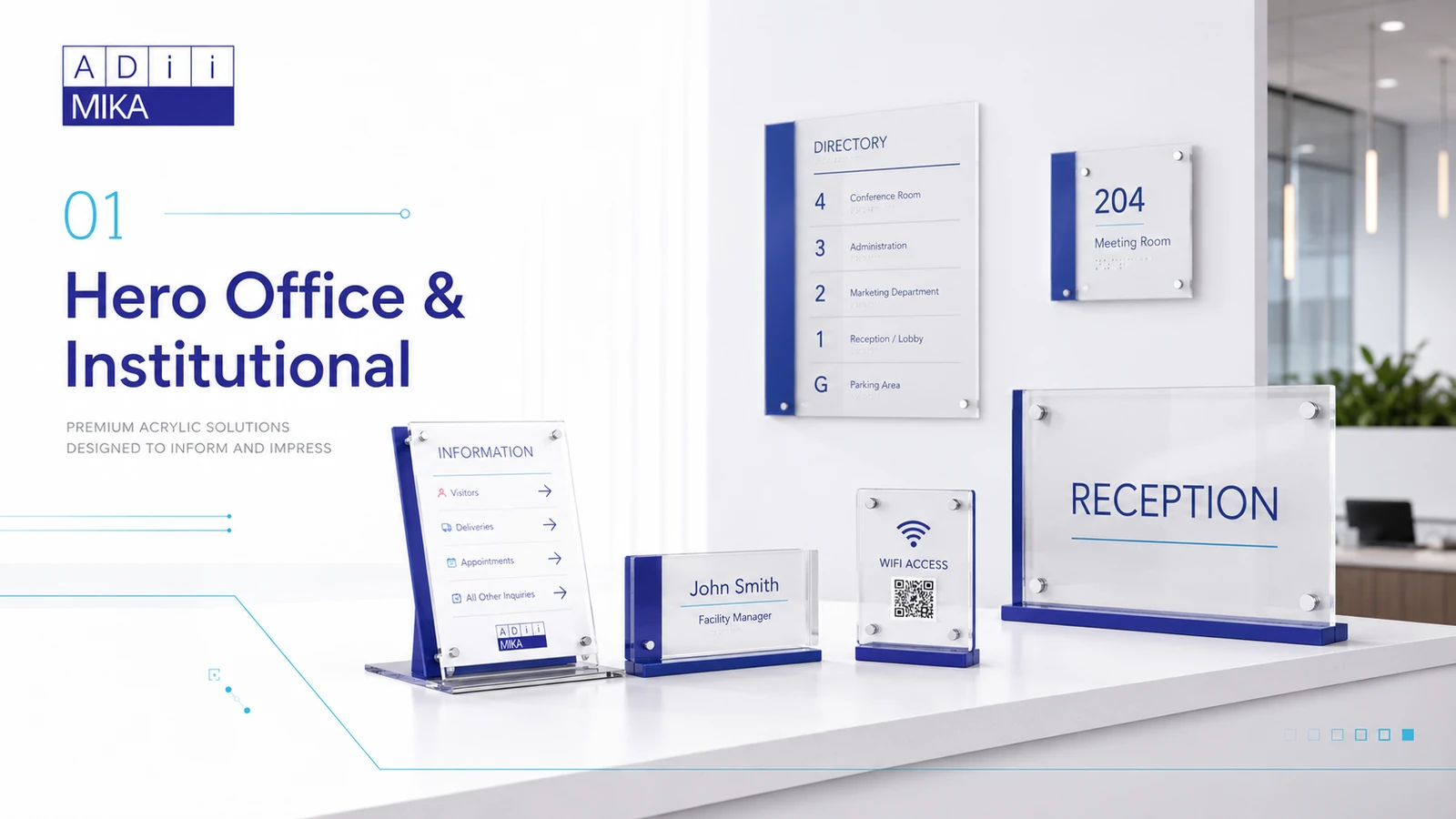 Produk akrilik office dan institutional Adiimika berupa nameplate, directory, information display dan desk sign