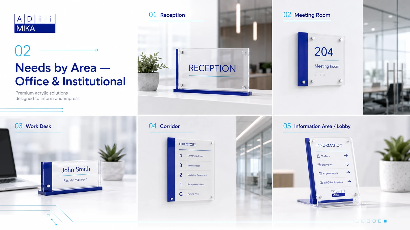 Kebutuhan produk akrilik berdasarkan area office seperti reception, meeting room, desk, corridor dan information board