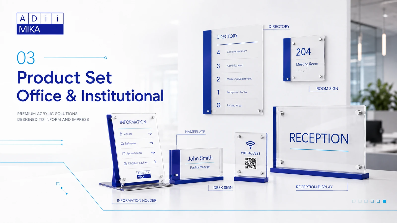 Product set office dan institutional Adiimika berupa nameplate, room sign, desk sign, directory dan information holder