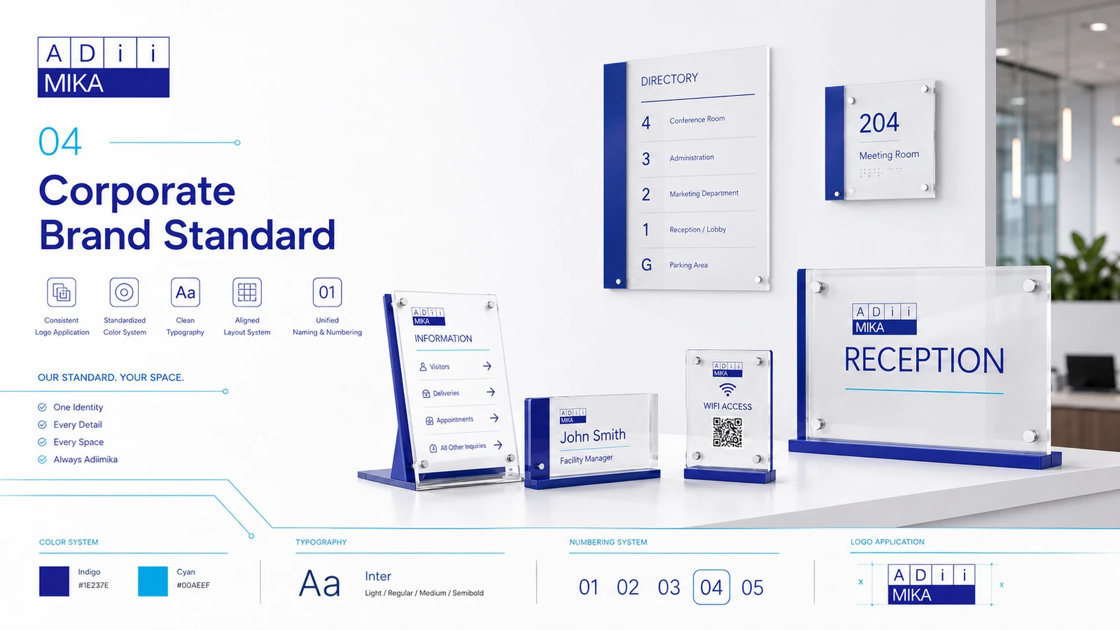 Corporate brand standard untuk produk akrilik office meliputi logo, warna perusahaan, tipografi dan layout konsisten