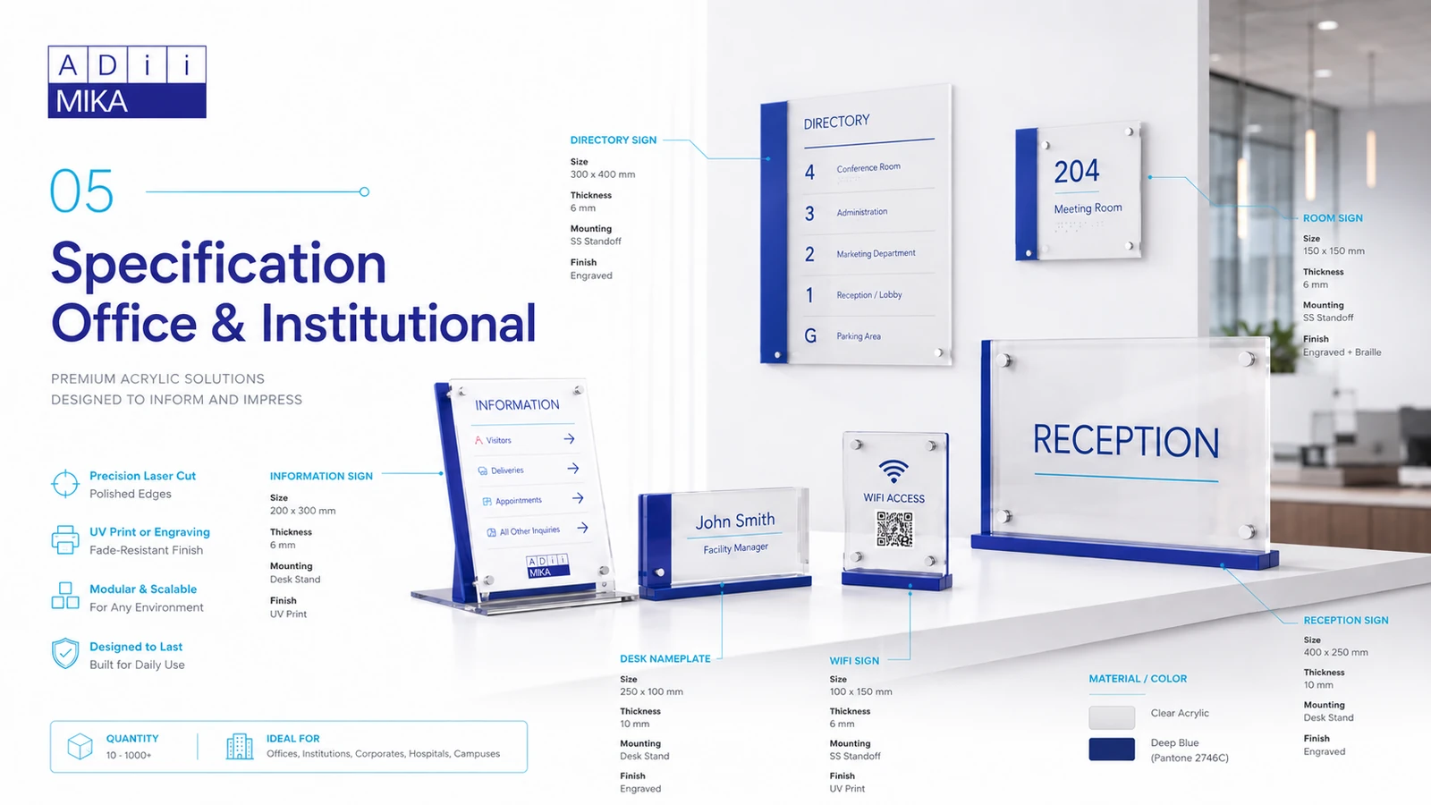 Spesifikasi produk office dan institutional meliputi ukuran, mounting, thickness, print engraving dan quantity