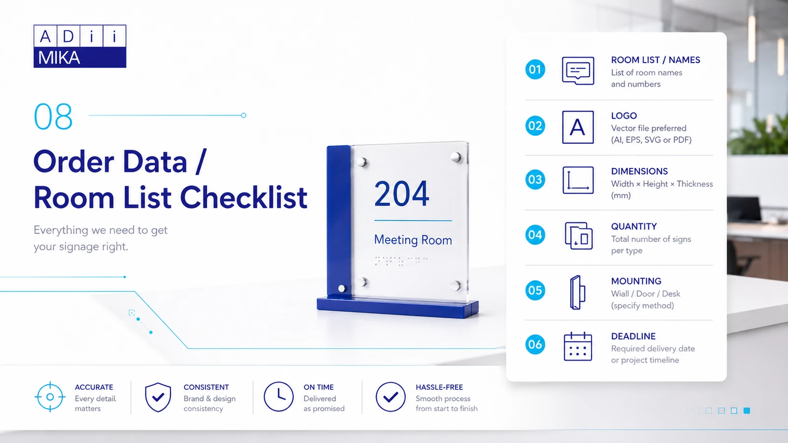 Checklist order office institutional berupa room list, nama, logo, dimensions, quantity dan deadline