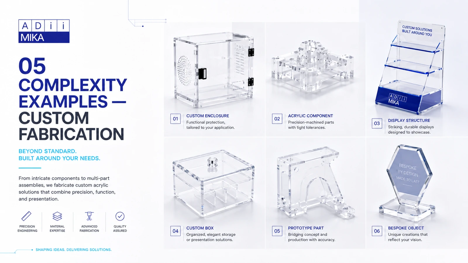 Contoh kompleksitas custom fabrication berupa enclosure, component, display structure dan bespoke acrylic object