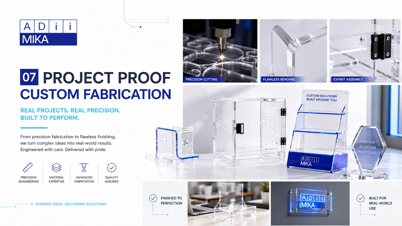 Project proof custom fabrication Adiimika menampilkan detail proses dan finished acrylic object