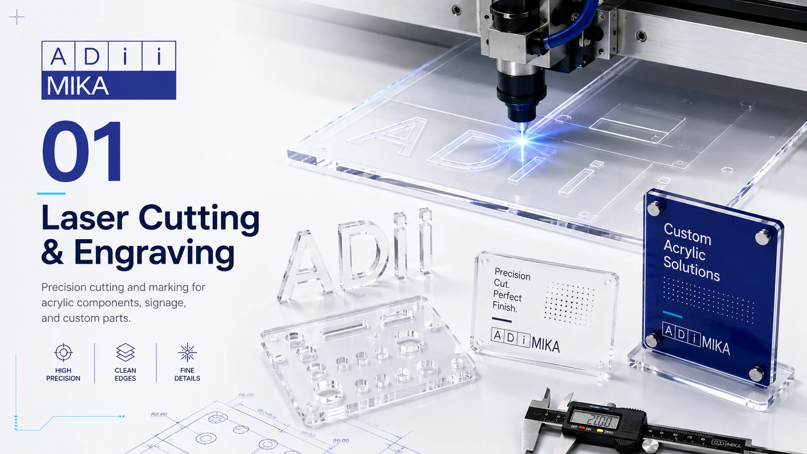 Laser cutting dan engraving akrilik Adiimika untuk bentuk, komponen dan marking custom