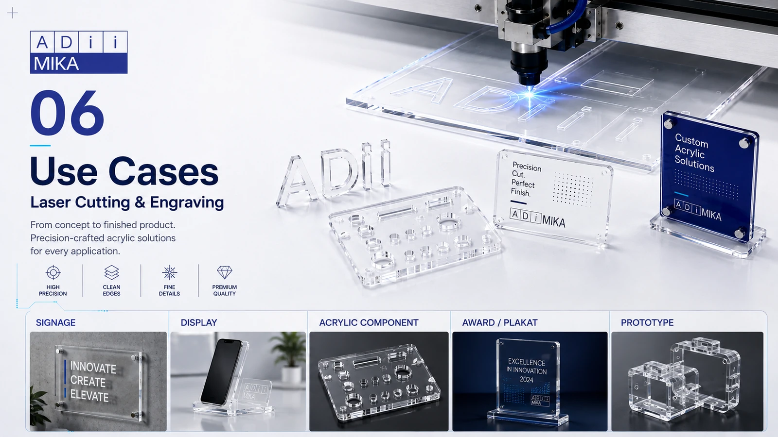 Use cases laser cutting dan engraving untuk signage, display, component, award dan prototype