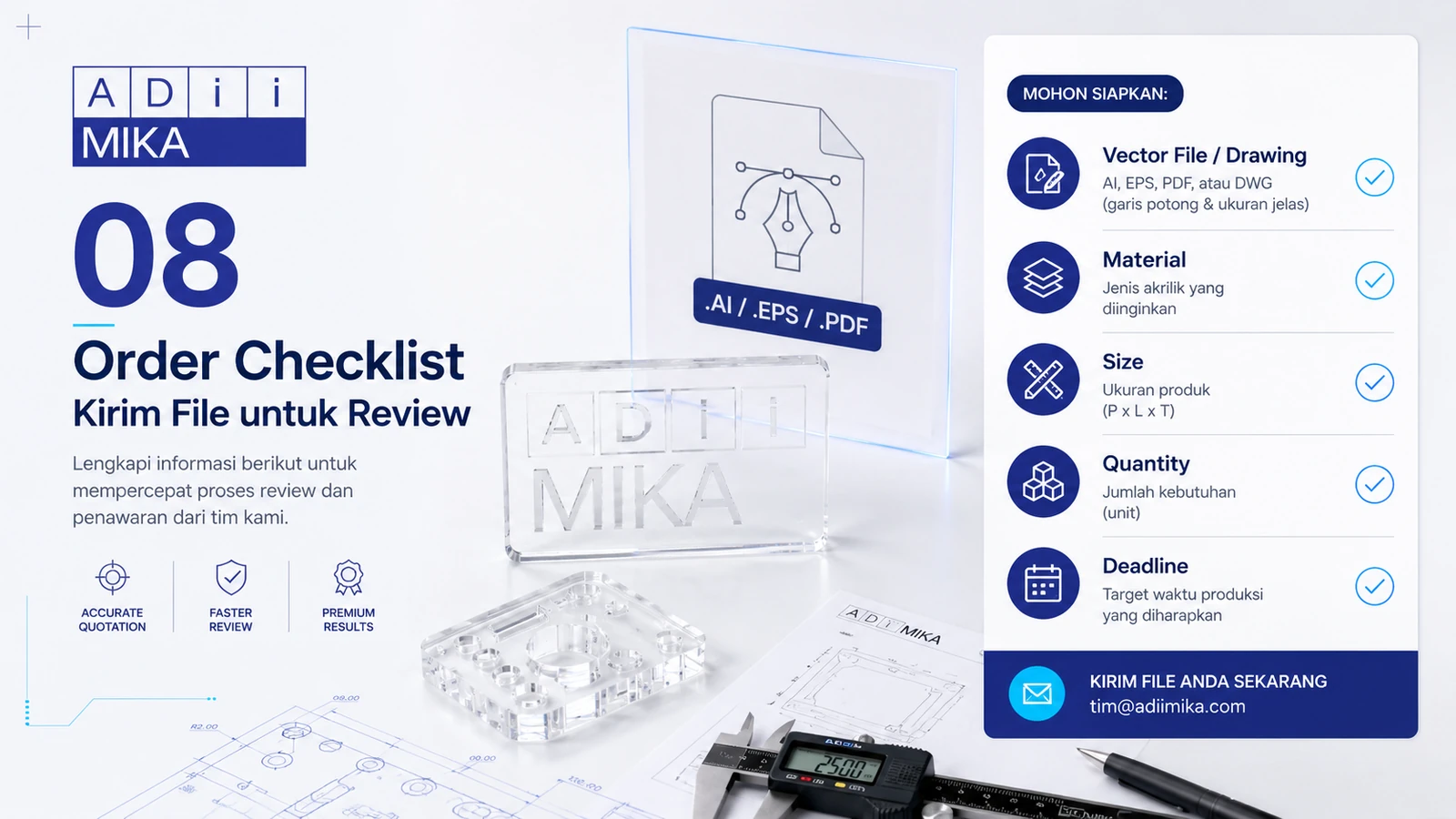Order checklist laser cutting engraving berupa file vector drawing, material, size, quantity dan deadline