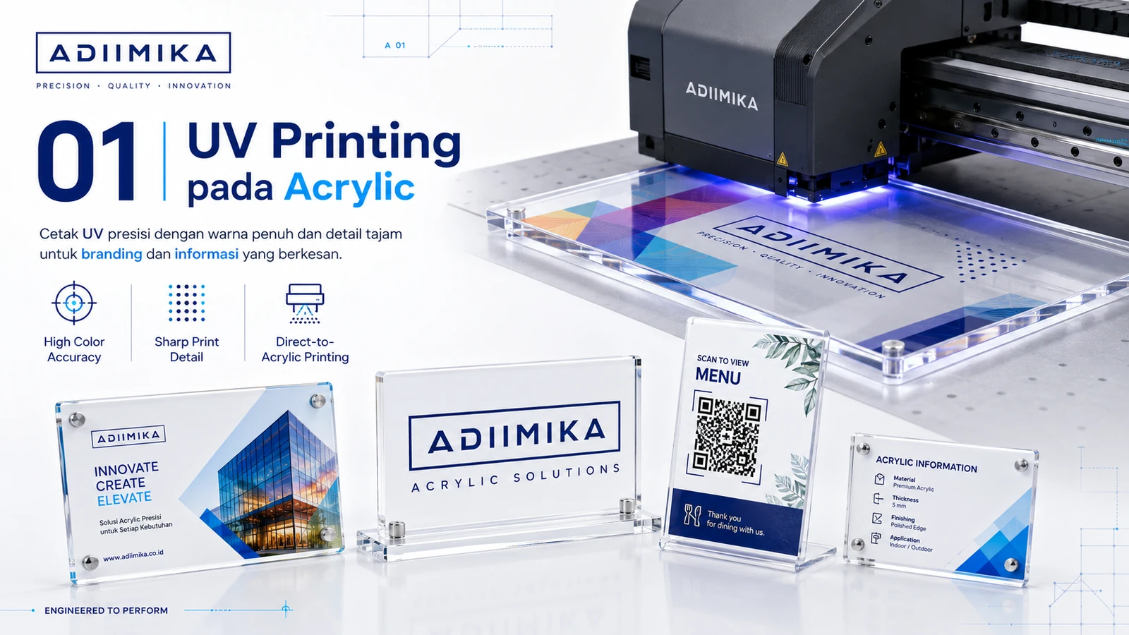 UV printing pada akrilik Adiimika untuk logo, graphics, informasi dan branding custom