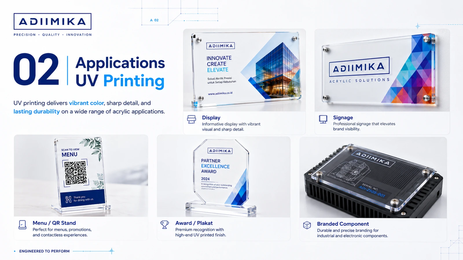 Aplikasi UV printing pada display, signage, menu QR stand, award dan branded component