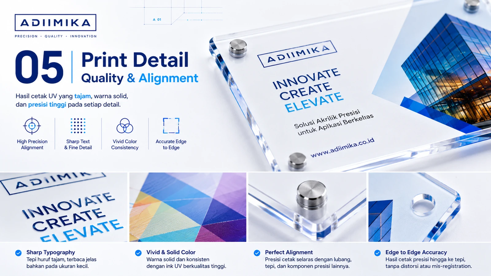 Detail kualitas dan alignment UV printing pada material akrilik