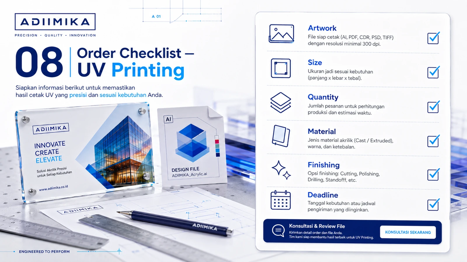 Order checklist UV printing berupa artwork, size, quantity, material, finishing dan deadline