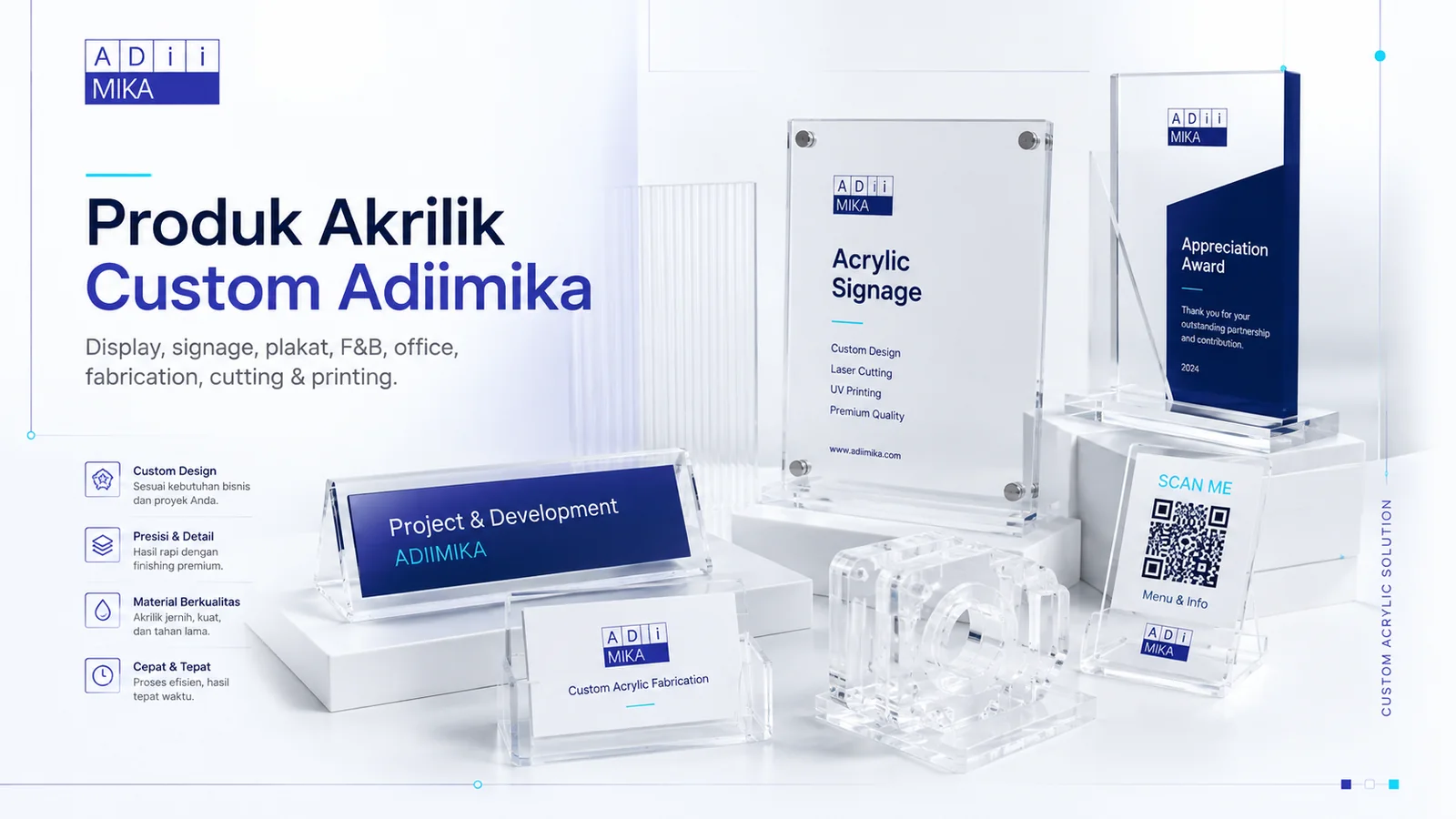 Produk akrilik custom Adiimika untuk bisnis dan proyek
