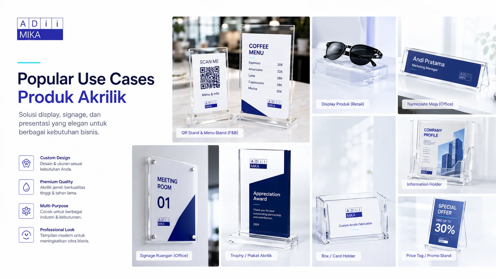 Popular use cases produk akrilik untuk F&B retail dan office