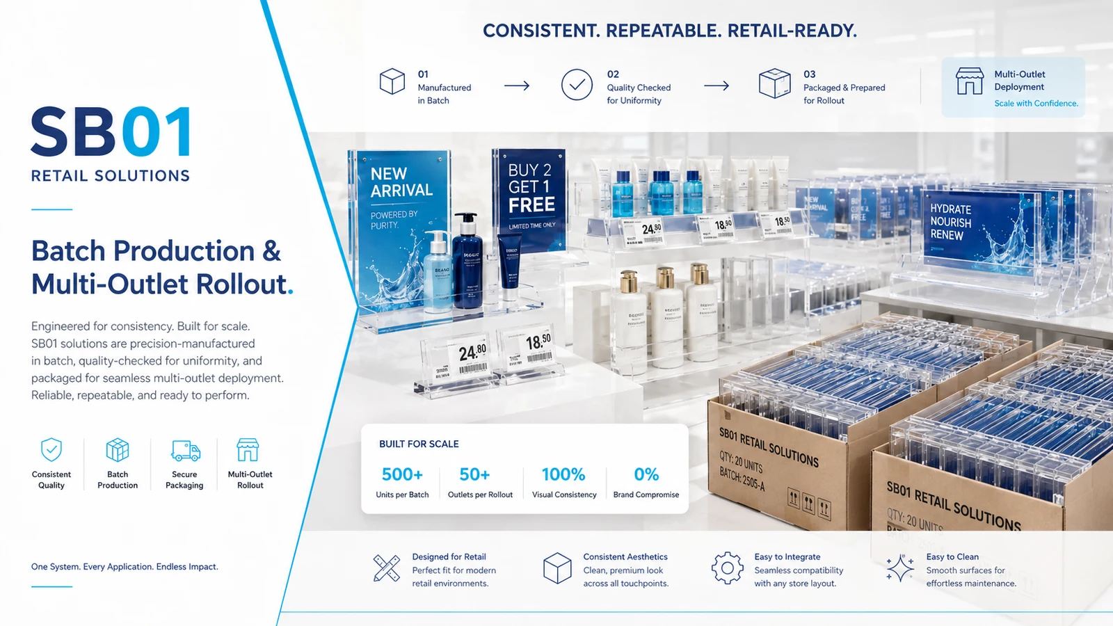 Batch production display retail akrilik untuk multi outlet rollout