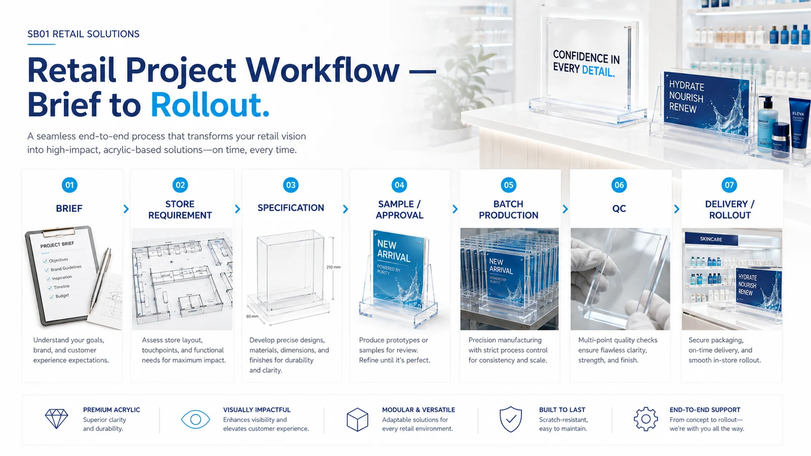 Workflow project retail Adiimika dari brief specification sample batch production QC hingga rollout