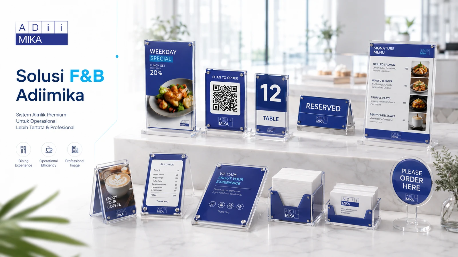 Acrylic F&B system berupa QR stand menu holder table number reserved sign dan promo holder