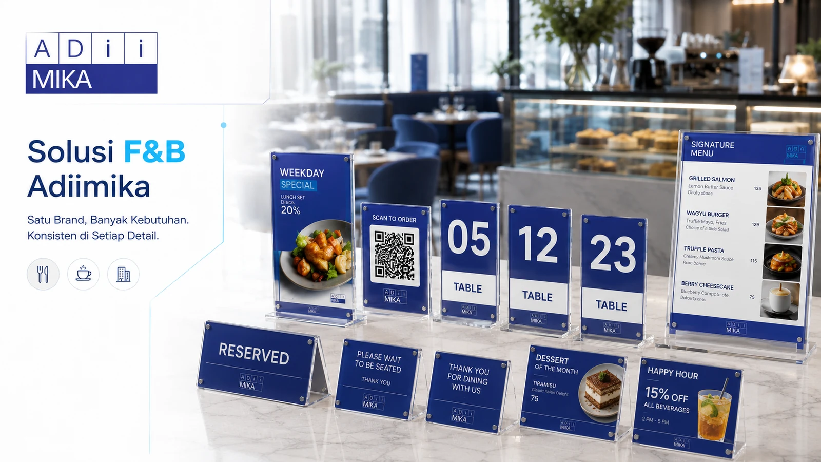 Branding dan numbering consistency pada produk akrilik F&B untuk meja dan outlet