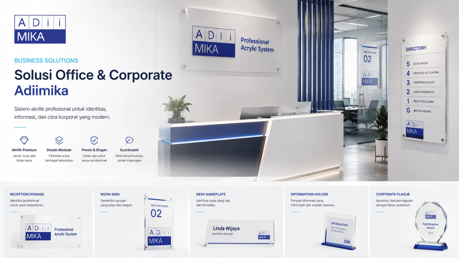 Solusi Office dan Corporate Adiimika untuk room sign desk name directory reception display dan corporate signage